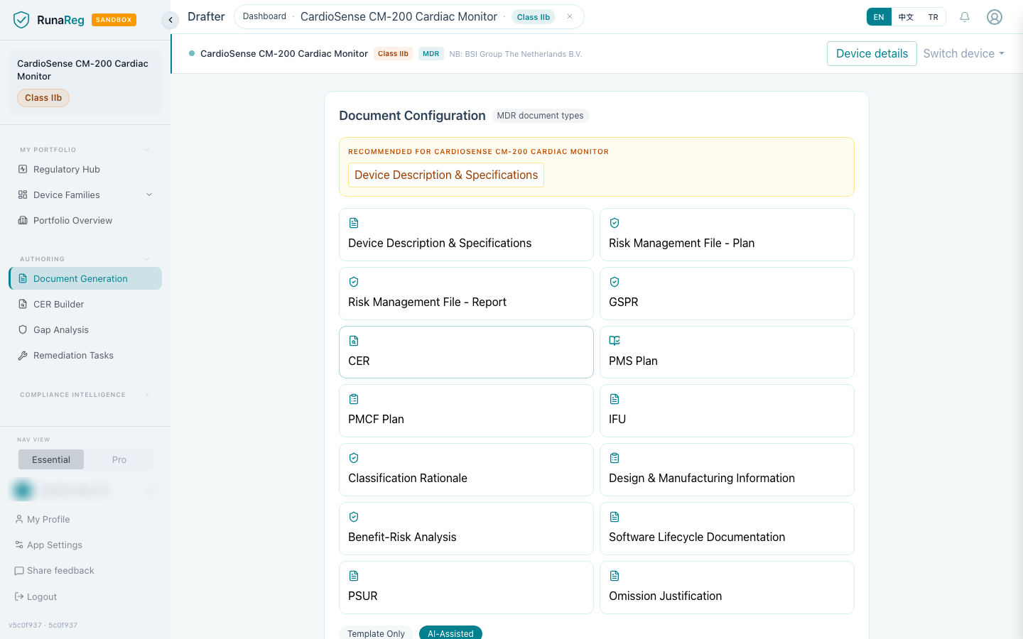 Document drafting: MDR document-type configuration for a demo device family.