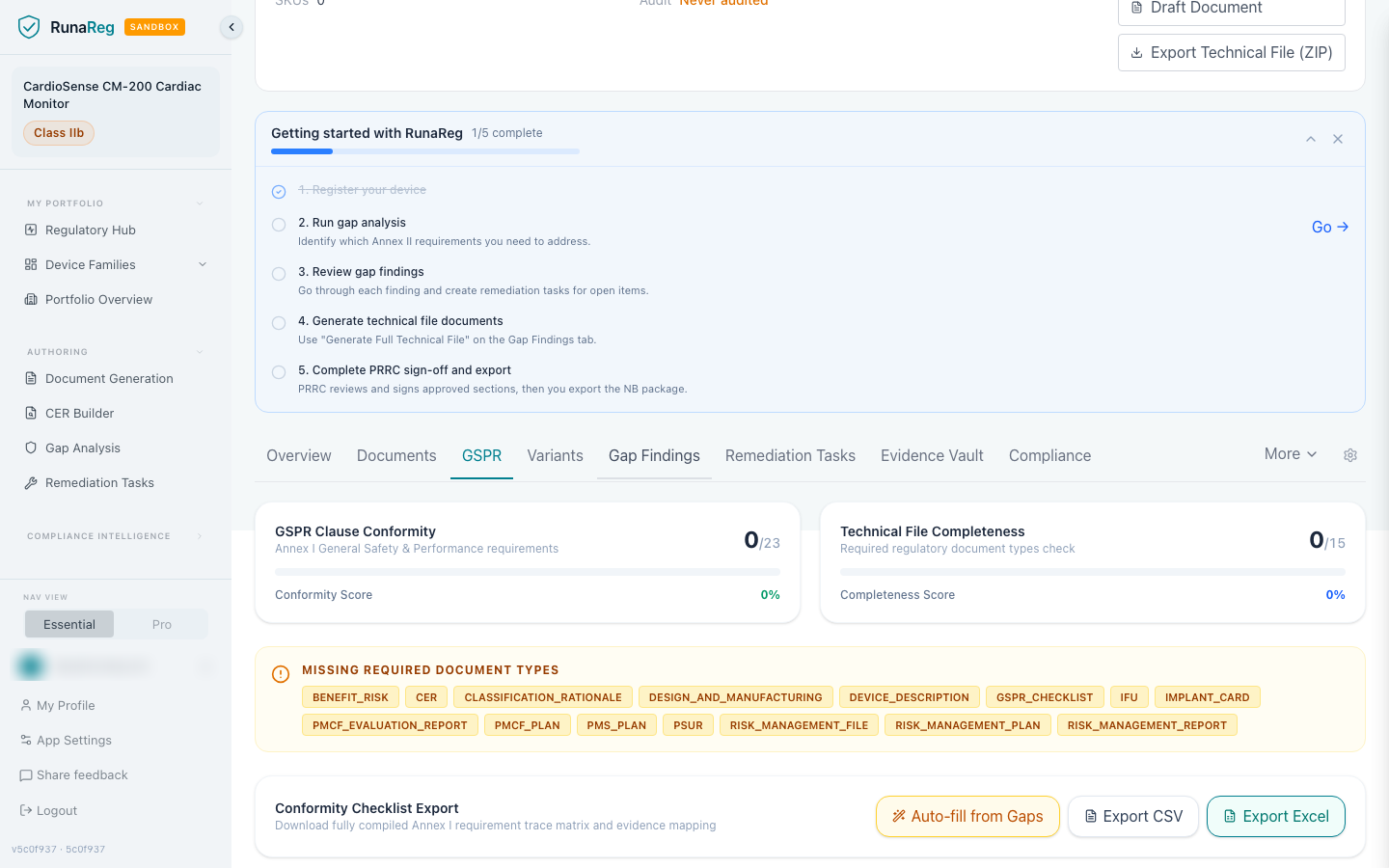 GSPR clause conformity and required document-type tracking for a demo device.