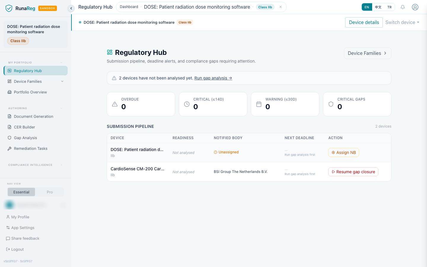 Regulatory hub: submission pipeline and deadline alerts for demo devices.